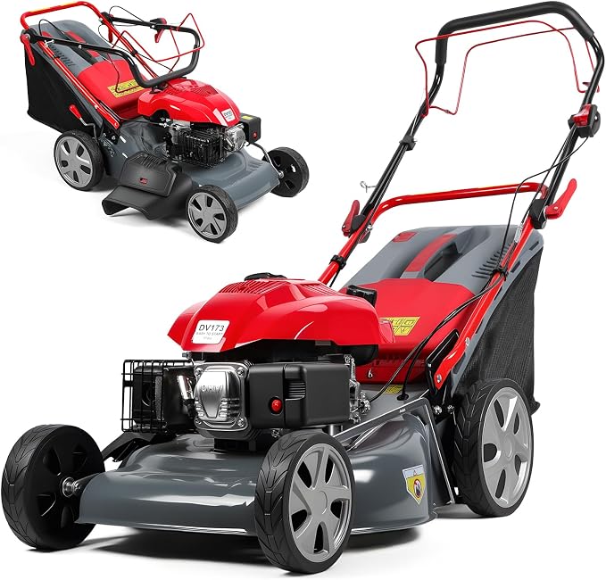 Lawn Mower Gas Powered, Gas Mower with 60l Grass Bag Big Wheels, 173cc Gas Engine 3 in 1 Mulching, Bagging & Side Discharge Self Propelled Walk-Behind Push Mower for Hills 2800RPM (Upgraded 02)
