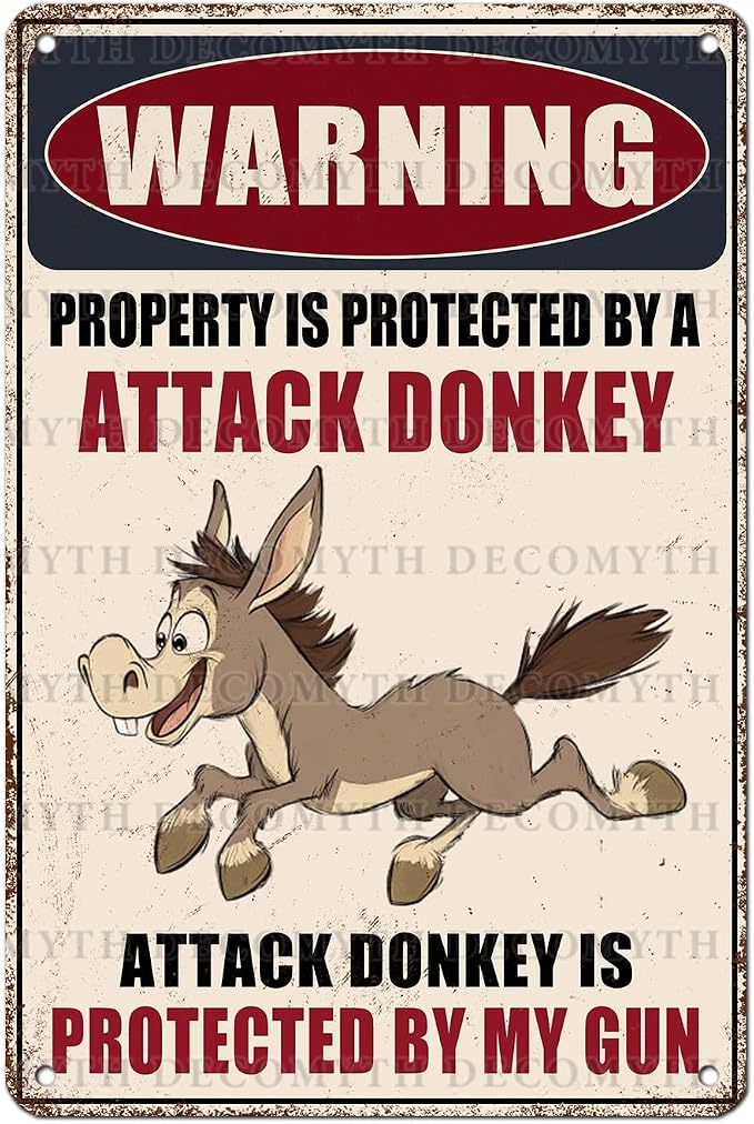 Metal Tin Sign Vintage Retro Wall Decor Warning Beware of Donkey Property Is Protected By a Attack Donkey Funny Tin Sign for Home Backyard Garden Patio 12 * 8inch