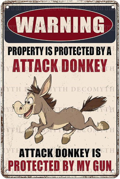 Metal Tin Sign Vintage Retro Wall Decor Warning Beware of Donkey Property Is Protected By a Attack Donkey Funny Tin Sign for Home Backyard Garden Patio 12 * 8inch