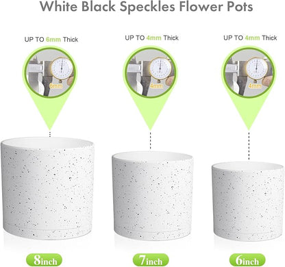 Meowell 8/7/6 inch Flower Pots, 3 Set Cylindrical Plant Pots for Outdoor Indoor Plants, Decorative Plastic Planters with Drainage Holes and Saucers for Garden House Plants, White with Black Speckles