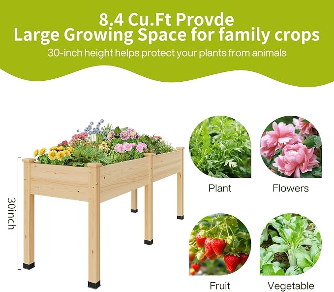Wood Raised Garden Bed, 72x24x30in Elevated Wooden Planter Box with Legs Standing Growing Bed for Backyard, Patio, Balcony with Bed Liner, 200 Pound Capacity