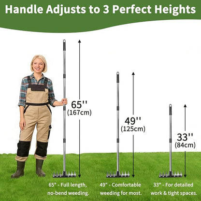 Heavy Duty Iron Weeding Rake, Complete Weed Rake Tool with 4-Section Adjustable Handle(33" to 65"), 8 Sharp Teeths Thick Steel Weed Puller Tool for Raised Garden Beds, Flower Beds & Soft Soil