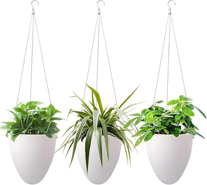 Self-Watering Hanging Planter: 6 Inch Inner Diameter, Indoor Outdoor, Stainless Steel Wire Hanger & Drip Tray, Pothos Philodendron Fern Herbs Scindapsus, Modern Minimalist Design (3 Pack, White)