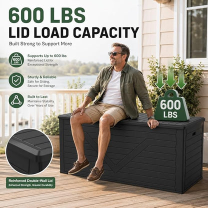 260 Gallon Outdoor Storage Box, Waterproof Resin Double-Wall Deck Box Organizer with Removable Dividers for Patio Cushion Storage, Lockable Outside Container for Garden Tools