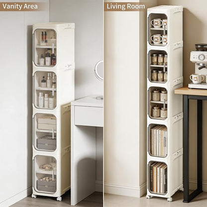 LXLXXL 5-Tier Narrow Storage Cabinet Slim Bathroom Storage Cabinet with Movable Wheels Tall Bathroom Organizer Skinny Cabinet for Small Spaces，Beige
