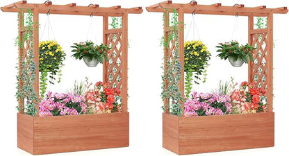 Giantex Set of 2 Raised Garden Bed with 2-Sided Trellis & Hanging Roof, Fir Wood Planter Box w/Drainage Holes, Freestanding Garden Planter for Flowers Herbs Climbing Vines (43"x15"x45")