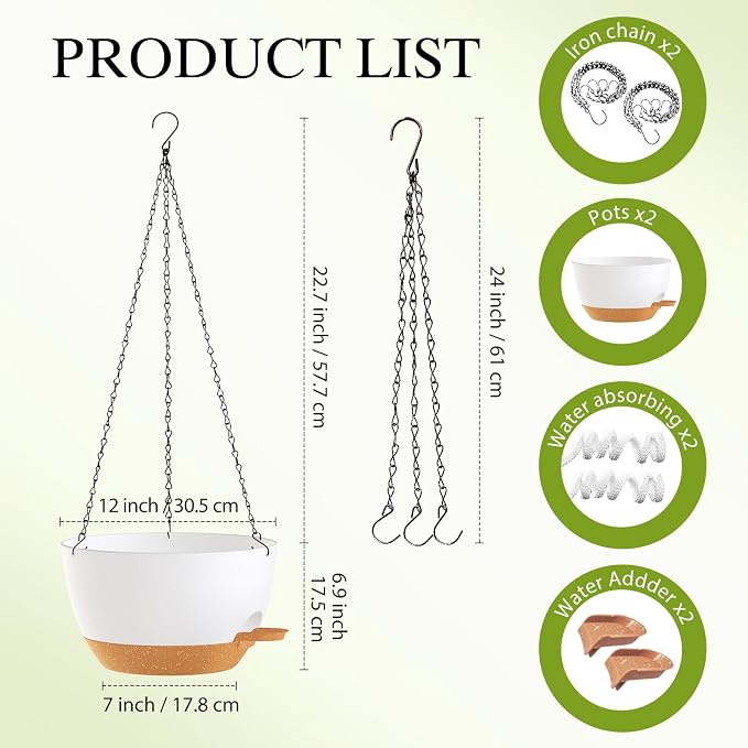 12 Inch Hanging Baskets 2 PC with Chains, Self-Watering Hanging Planters for Indoor Outdoor Plants, Plastic Hanging Flower Pots,White Brown