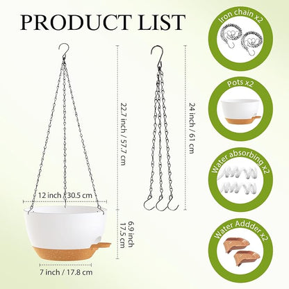 12 Inch Hanging Baskets 2 PC with Chains, Self-Watering Hanging Planters for Indoor Outdoor Plants, Plastic Hanging Flower Pots,White Brown
