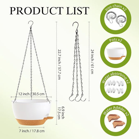 12 Inch Hanging Baskets 2 PC with Chains, Self-Watering Hanging Planters for Indoor Outdoor Plants, Plastic Hanging Flower Pots,White Brown