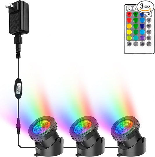 RGB Pond Lights with Timer, LED Underwater Submersible Colorful Landscape Spotlights, 98ft Remote Control IP68 Waterproof Fountain Lights for Fish Aquarium Tank Garden Yard Pool (Set of 3)