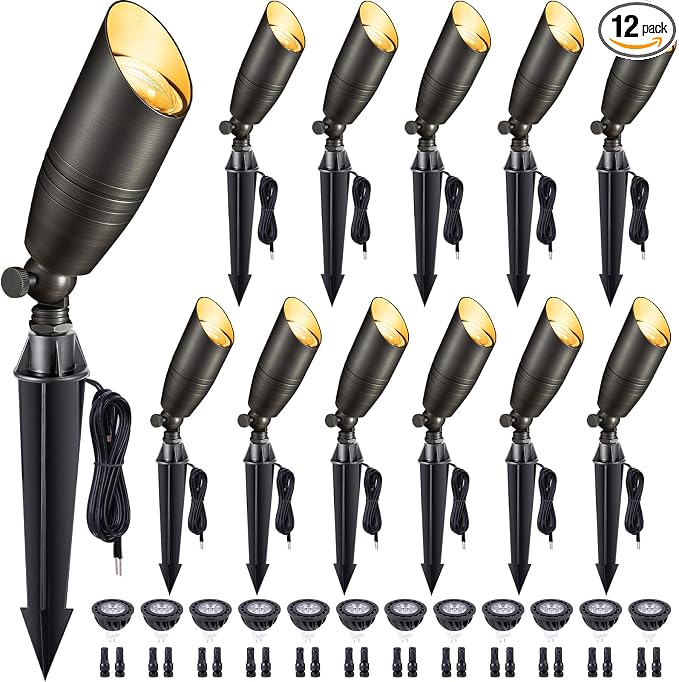 Gardenreet Die-Cast Brass Spot Light Outdoor - 12V LED Uplighting Waterproof, Low Voltage Landscape Lights Direct Wire, Bronze for Fence Fountain with Warm White MR16 Replaceable Bulbs (12 Pack)