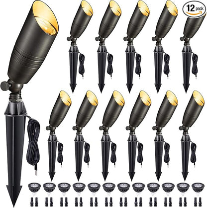 Gardenreet Die-Cast Brass Spot Light Outdoor - 12V LED Uplighting Waterproof, Low Voltage Landscape Lights Direct Wire, Bronze for Fence Fountain with Warm White MR16 Replaceable Bulbs (12 Pack)