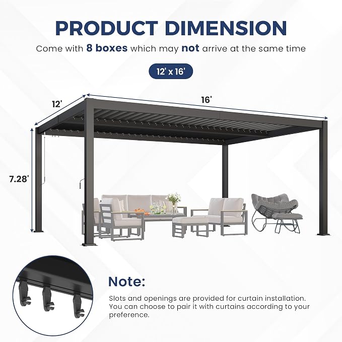 12' x 16' Louvered Pergola, Aluminum Frame Outdoor Pergola with Metal Adjustable Louvered Roof & Integrated Gutter System, Hardtop Patio Gazebo for Backyard, Patio, Garden, Dark Gray