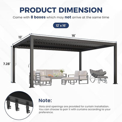 12' x 16' Louvered Pergola, Aluminum Frame Outdoor Pergola with Metal Adjustable Louvered Roof & Integrated Gutter System, Hardtop Patio Gazebo for Backyard, Patio, Garden, Dark Gray