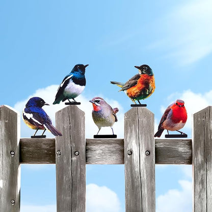 HUYIENO 5PCS Vivid Metal Birds Fence Decor 2D Dual Side Color Painted Outdoor Garden Natural Bird Sculptures for Outdoor Fences, Patio, Garden and Bird Lovers