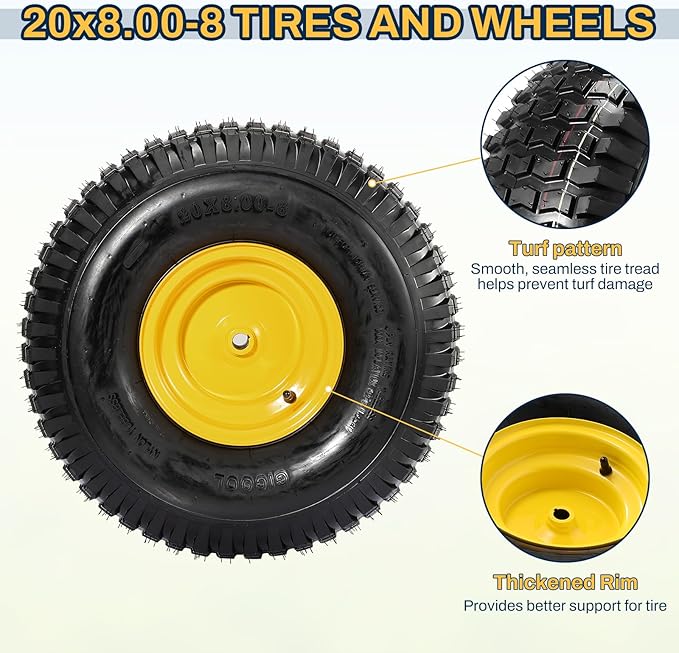 2PCS 20x8.00-8 Rear Tire and Wheel Assemblies, 3/4" Borehole, 3.5" Offset Hub and 3/16" Keyway, 4 Ply Tubeless Tire Compatible with Riding Lawn Mowers