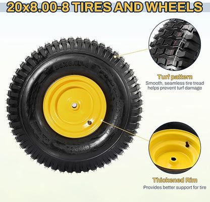 2PCS 20x8.00-8 Rear Tire and Wheel Assemblies, 3/4" Borehole, 3.5" Offset Hub and 3/16" Keyway, 4 Ply Tubeless Tire Compatible with Riding Lawn Mowers
