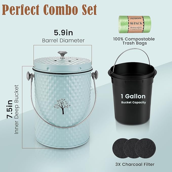 AOSION Countertop Kitchen Odorless Compost Bin with Removable Inner Bucket | 1 Gallon Composter Container,Includes 50 Compost Bags,2 Carbon Filters,Compost Bucket, ideal for food scraps,coffee grounds