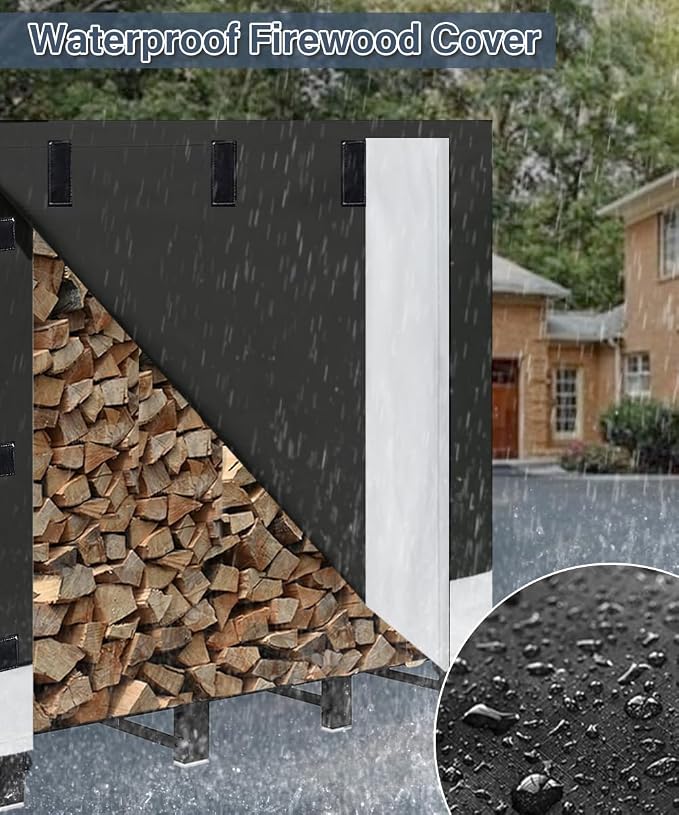 8ft Firewood Rack Cover for Wood Holder, Waterproof Wood Pile Cover for Outside, Indoor Outdoor Log Rack Cover for Firewood with Buckle, Black (Frame not Include)