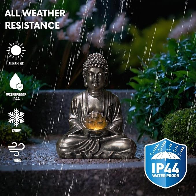 Buddha Lotus Statue with Solar Lights, Resin LED Figurine for Garden Decor – Unique Gift for Women and Friends(Copper Buddha)