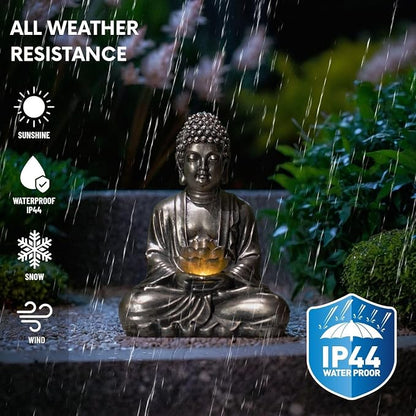 Buddha Lotus Statue with Solar Lights, Resin LED Figurine for Garden Decor – Unique Gift for Women and Friends(Copper Buddha)