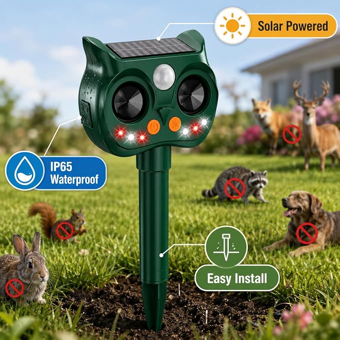 4Pack Solar Animal Repeller Outdoor, Sonic Fortress Pro Deer Repellent | Sensor & LED Flashing Lights, Solar Deer Rabbit Squirrel Raccoon Cat Repellent, IP65 Waterproof Garden Yard Protector