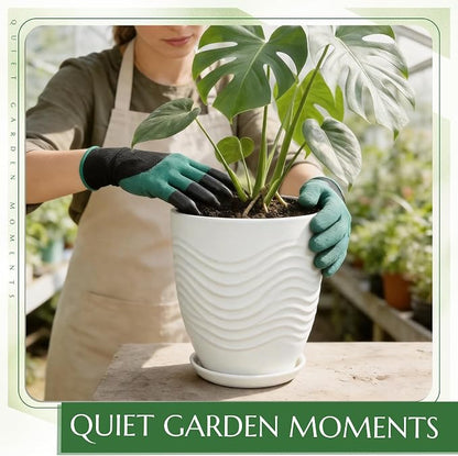 11.8 Inch Flower Pots for Indoor Plants,Ceramic Planter with Saucer Drainage Leak-Proof Mesh Gardening Gloves (Water-Ripple White)