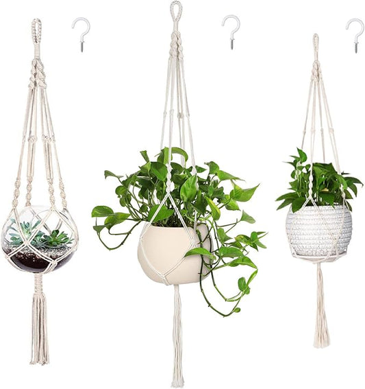 MIPON 3 Pack Macrame Plant Hangers, Hanging Planters for Indoor Plants | 3 Sizes (34"/41"/46") Handmade Cotton with Hooks, Boho Home Decor for Patio Balcony Living Room, Fits 5-10 Inch Pots