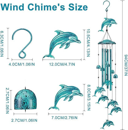 Dolphin Wind Chimes for Outside, Dolphin Gifts for Women Men Mom Grandma Birthday, 37" Windchimes Hanging Outdoors Garden Decor, Home Patio Garden Porch Yard Decorations (Blue-Dolphin)