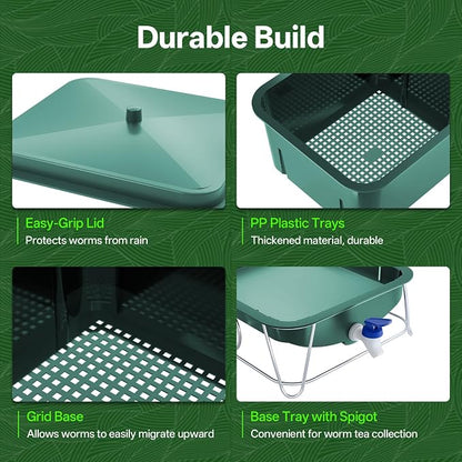 3-Tray 15L Worm Farm Composting Bin with Tool Set - Efficient Indoor/Outdoor Composter for Organic Waste Recycling, Beginner-Friendly Kit for Healthier Plants (Green)