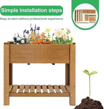 Raised Garden Beds Outdoor With Legs, Wood Elevated Garden Box With L-Connection Tabs，Storage Shelf , Leg Reinforcement，Suitable For Vegetables, Flowers And Herbs, Easy To Assemble, 33.5X18X 30IN