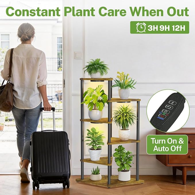 iDavosic.ly Tall Plant Stand with Grow Lights for Large & Heavy Duty Planters, 5 Tier Indoor Corner Flower Shelf with Wooden Trays & Metal Frame, Orchid Rack for Living Room Balcony, Black & Brown