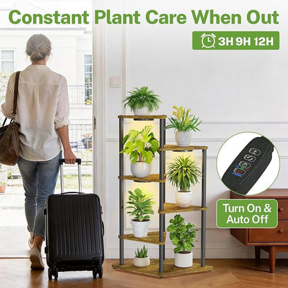 iDavosic.ly Tall Plant Stand with Grow Lights for Large & Heavy Duty Planters, 5 Tier Indoor Corner Flower Shelf with Wooden Trays & Metal Frame, Orchid Rack for Living Room Balcony, Black & Brown