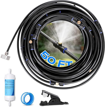 Misters for Outside Patio 50FT/15M, Outdoor Water Misting Cooling System with 15 Brass Nozzles. Backyard Mist Kit for Garden Greenhouse Fan Umbrella Chicken Coop, Dog House