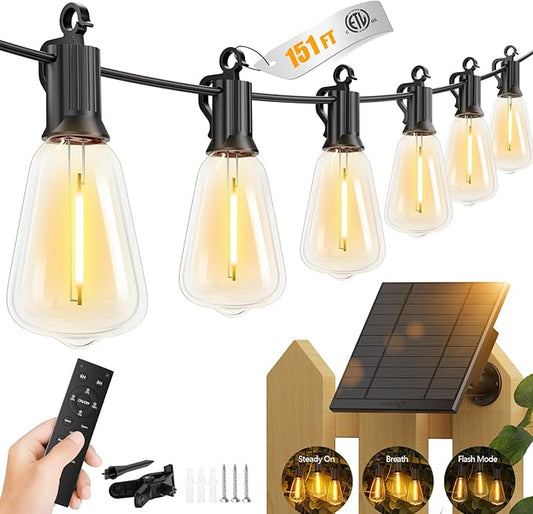 Brightown 151FT Solar String Lights Outdoor Waterproof with Remote, 48+2 LED Shatterproof Bulbs, Dimmable & Timable, 3 Light Modes - Commercial Grade Patio Lights for Garden Backyard Party Decor