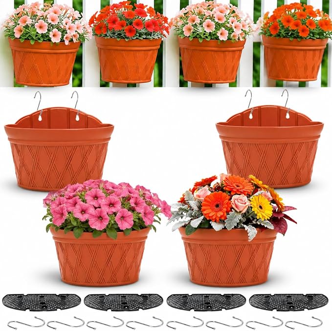 4 Pack Plastic Wall Hanging Planter, 11.4 In Plant Holder for Indoor Outdoor Plant, Large Wall Plant Pot with 8 Hooks Drainage Mesh, Railing Resin Pots for Vertical Garden Living Balcony Fence