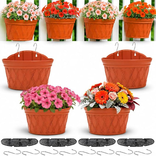 4 Pack Plastic Wall Hanging Planter, 11.4 In Plant Holder for Indoor Outdoor Plant, Large Wall Plant Pot with 8 Hooks Drainage Mesh, Railing Resin Pots for Vertical Garden Living Balcony Fence