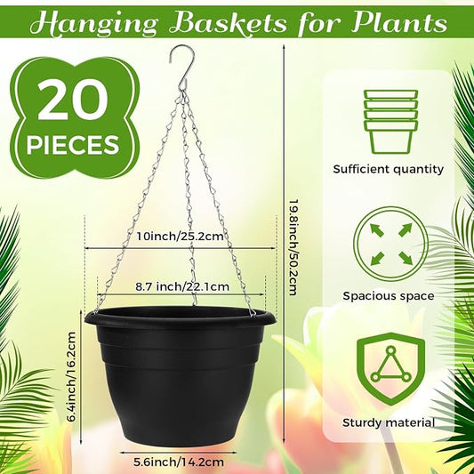20 Pack 10 Inch Plastic Hanging Planter Bulk Black Hanging Baskets for Plants with Drainage Trays Self Watering Plant Pot Outdoor Indoor Planter for Garden, Balcony, Porch, Patio Decor