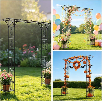 90" Garden Arbor Metal Arch Trellis for Climbing Plants with Planter Box | Outdoor Arbors Archway Pergola for Wedding Ceremony Party Decoration Flat Top Trellises for Rose Vine Backyard Lawn Patio