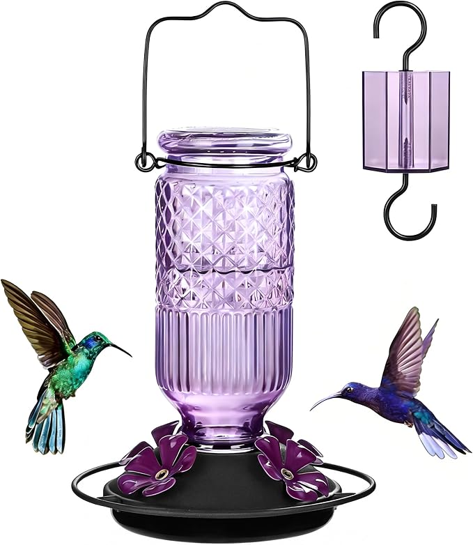FEED GARDEN Glass Hummingbird Feeder for Outdoors Hanging, 16 oz Leak-Proof Nectar Feeder with Bee Guards & Ant Moat, 4 Metal Flower Feeding Ports, 360° Perch Ring, Easy Refill & Clean, Purple