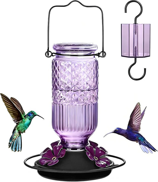 FEED GARDEN Glass Hummingbird Feeder for Outdoors Hanging, 16 oz Leak-Proof Nectar Feeder with Bee Guards & Ant Moat, 4 Metal Flower Feeding Ports, 360° Perch Ring, Easy Refill & Clean, Purple