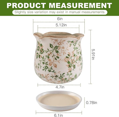Ceramic-Planters-for-Indoor-Plants with Saucer, 6 inch Vintage Ice Crackle Glaze Plant Pots with Drainage Holes, Decorative Flower Pots for Outdoor Garden Home Decor, Tuscan Pot for Plant