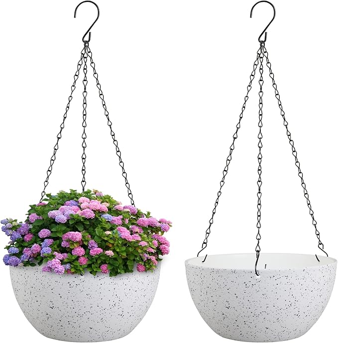 Meowell 10 inch Hanging Planters for Indoor Outdoor Plants, 2 Pack Hanging Flower Pots with Drainage Holes and Chain for Garden Porch, Plastic Hanging Baskets for House Plants, Speckled White