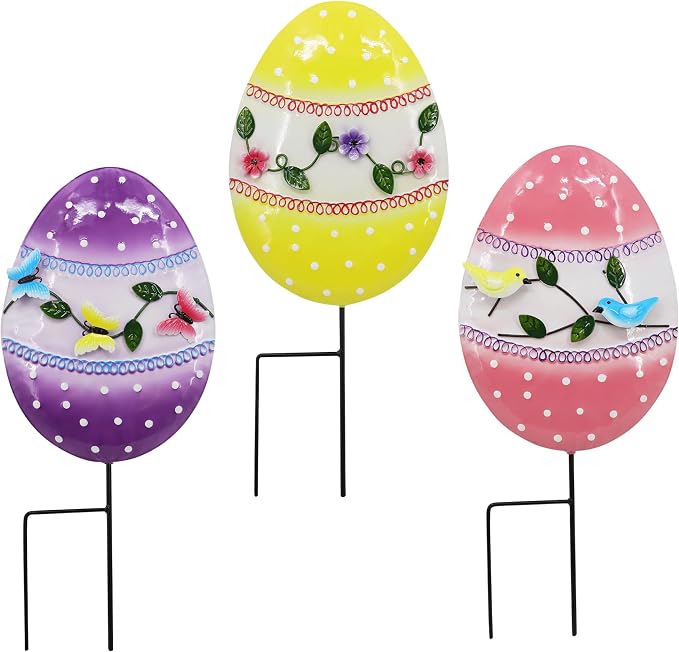 3 Pcs Easter Decorations Outdoor Metal Easter Eggs Yard Signs Decorative Garden Stakes Eggs Lawn Decorations Yard Decor for Spring Ornament Lawn Pathway Garde