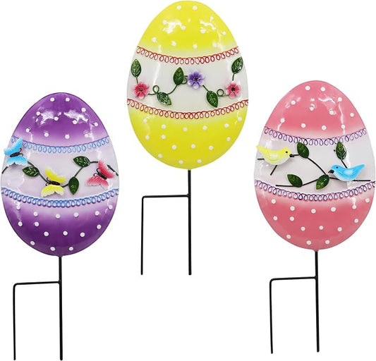 3 Pcs Easter Decorations Outdoor Metal Easter Eggs Yard Signs Decorative Garden Stakes Eggs Lawn Decorations Yard Decor for Spring Ornament Lawn Pathway Garde