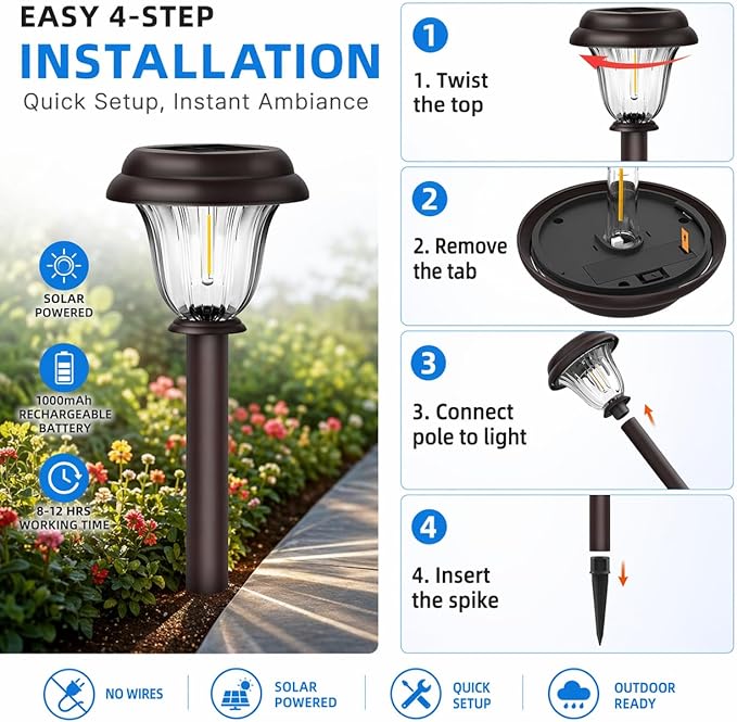 DERAYSION Solar Lights Outdoor, 6 Pack Brushed Stainless Steel Glass Solar Pathway Lights, Auto On/Off Long-Lasting Outdoor Solar Lights for Garden, Landscape, Path, Yard, 6000K Cold White