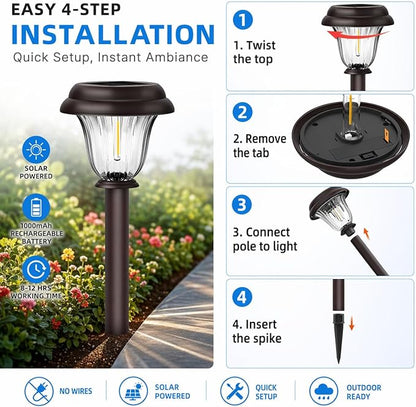 DERAYSION Solar Lights Outdoor, 6 Pack Brushed Stainless Steel Glass Solar Pathway Lights, Auto On/Off Long-Lasting Outdoor Solar Lights for Garden, Landscape, Path, Yard, 6000K Cold White