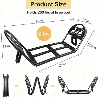 36-Inch Heavy Duty Foldable Firewood Rack - Portable Metal Log Holder for Indoor Outdoor, Fireplace Patio Deck Firepit Storage Organizer