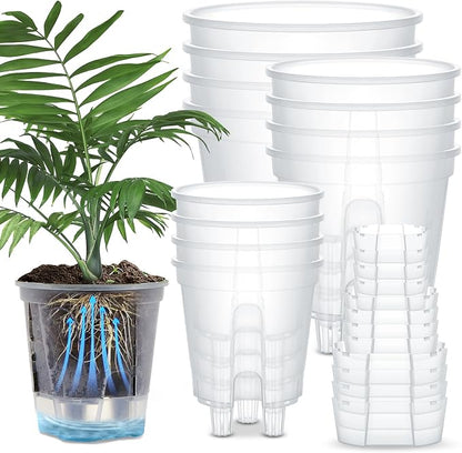 Wonderjune Self Watering Pots for Indoor Plants with Deep Reservoir and High Drainage Holes for Outdoor Plants and Flowers, Bare Root Planter(4.72'', 5.91'', 7.09'',Clear,12 Pcs)