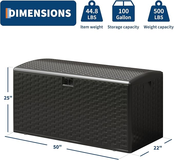 IDEALHOUSE 100 Gallon Resin Deck Box, Waterproof Outdoor Storage Box with Lockable Lid & UV Resistant, Patio Furniture Cushion Storage Container for Garden, Backyard, Poolside (Black)